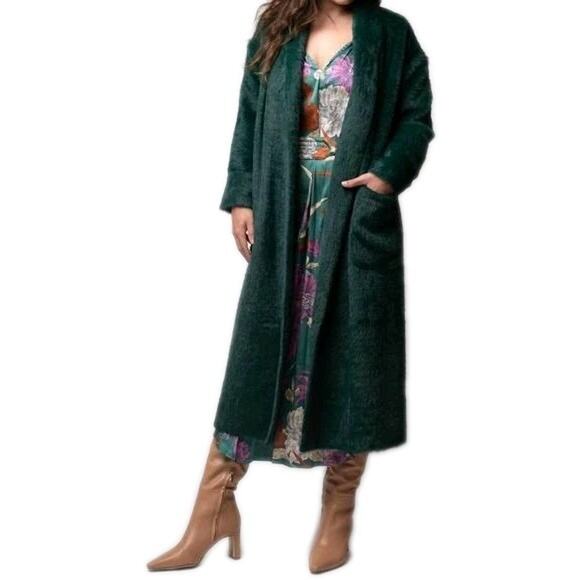 GREYLIN Cruz Cozy Knit Long Coatigan in Forest Green Faux Fur Women's Large - Picture 1 of 5